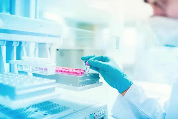 A scientist putting vials in a machine