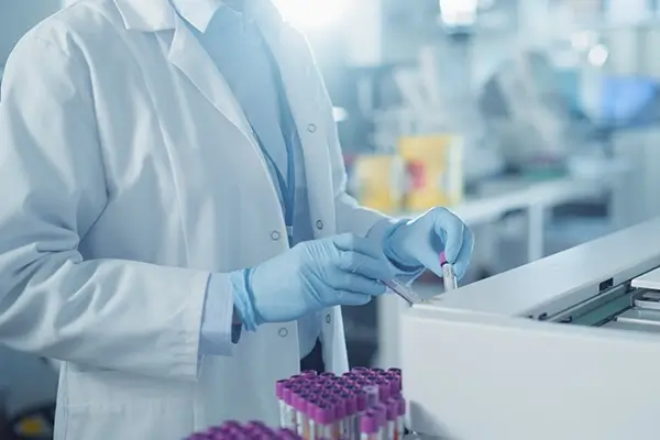 A scientist putting vials into a machine