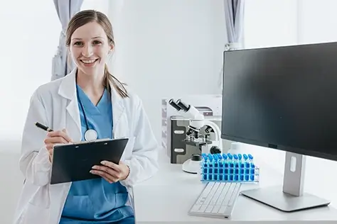A doctor with a clipboard at their station